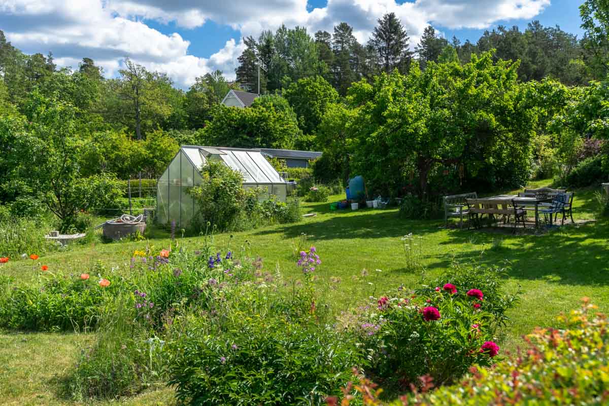Växthus i trädgård bort från träd